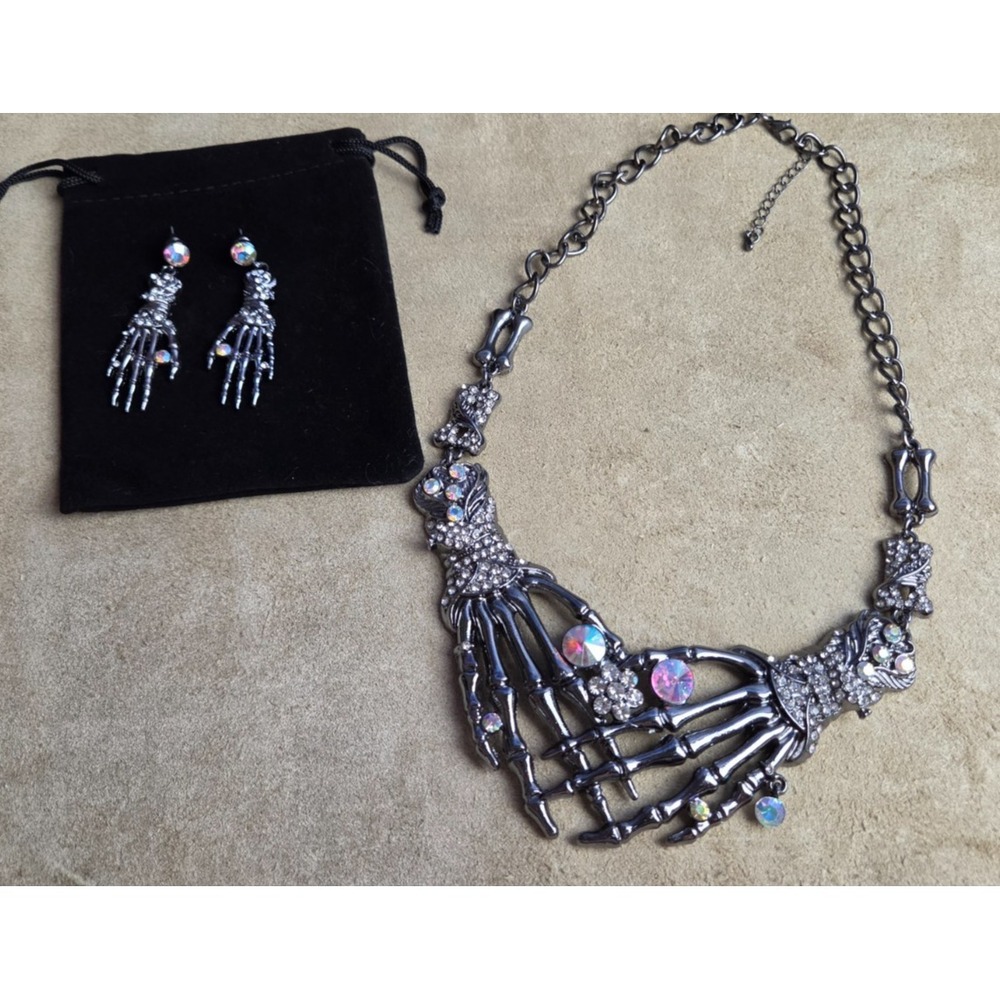 Skeleton Hand Heart Bling Necklace Earrings Dark Silver Tone Punk Goth-GunMetal